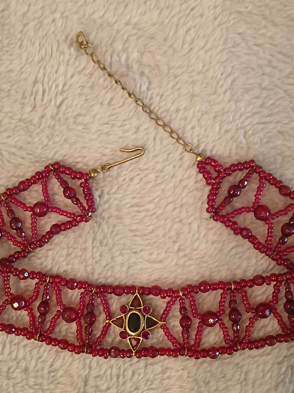 Vintage Whimsygoth Beaded Garnet Choker Necklace Gold Gothic Lattice 12"-14" - Picture 3 of 10